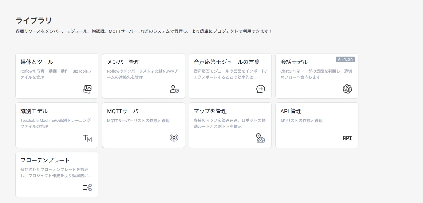 Roflow の「ライブラリ」画面（媒体とツール・メンバー管理・識別モデル・フローテンプレートなど）