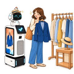 商業施設を巡回するサイネージ型 Collibot が来店客と対話し、店まで先導する手描きアニメーション