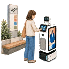 商業施設を巡回するサイネージ型 Collibot が来店客と対話し、店まで先導する手描きアニメーション
