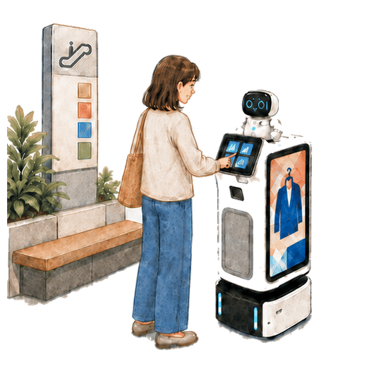 商業施設を巡回するサイネージ型 Collibot が来店客と対話し、店まで先導する手描きアニメーション（4 場面を順に表示。動きを減らす設定では静止画）（1 / 4）