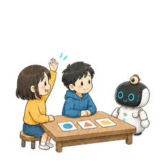 机を囲む子どもたちの質問に Kebbi がカードで答える手描きアニメーション