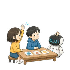 机を囲む子どもたちの質問に Kebbi がカードで答える手描きアニメーション