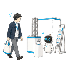 展示会ブースで来場者を呼び止め、商談のあとカタログを渡す Kebbi の手描きアニメーション