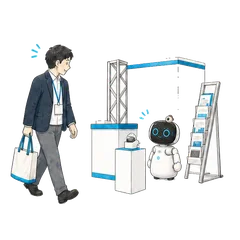 展示会ブースで来場者を呼び止め、商談のあとカタログを渡す Kebbi の手描きアニメーション