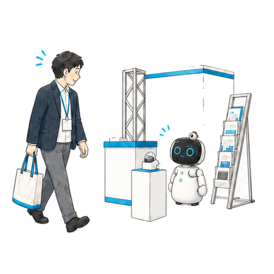 展示会ブースで来場者を呼び止め、商談のあとにカタログを渡す Kebbi の手描きアニメーション(動きを減らす設定では静止画)