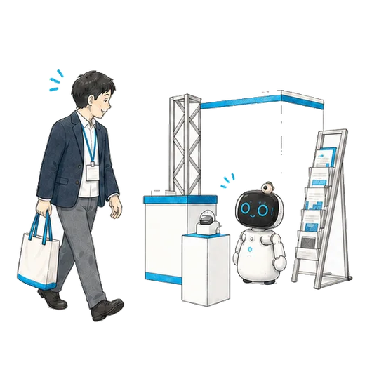 展示会ブースで来場者を呼び止め、商談のあとにカタログを渡す Kebbi の手描きアニメーション（動きを減らす設定では静止画）