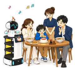 店員が料理を載せた配膳型 Collibot が客席へ運び、子どもが受け取り、家族が食事を始める手描きアニメーション