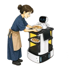 店員が料理を載せた配膳型 Collibot が客席へ運び、子どもが受け取り、家族が食事を始める手描きアニメーション