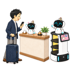 受付カウンターで来訪者の用件を聞き、行き先を案内する Kebbi の手描きアニメーション