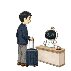 受付カウンターで来訪者の用件を聞き、行き先を案内する Kebbi の手描きアニメーション