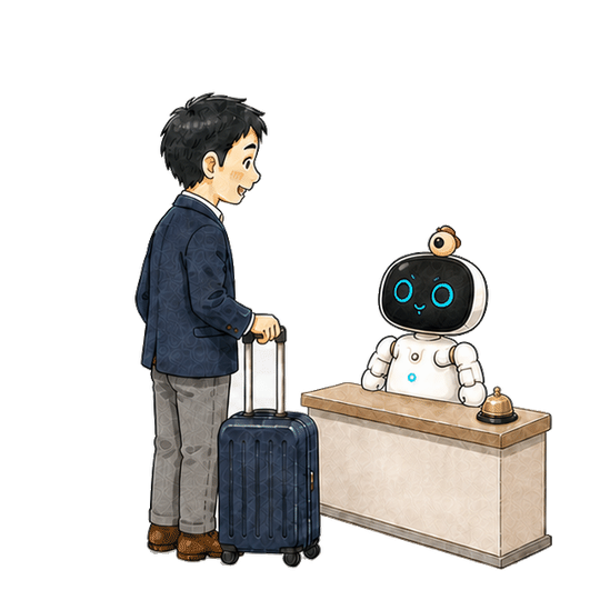 受付カウンターから配膳、商業施設案内までの手描きアニメーション(9 場面の物語を順に表示。動きを減らす設定では静止画)(1 / 9)