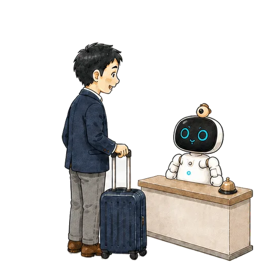 受付カウンターで来訪者の用件を聞き、行き先を案内する Kebbi の手描きアニメーション（動きを減らす設定では静止画）