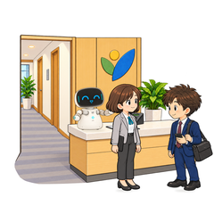 企業の受付カウンターで来客を待つ Kebbi