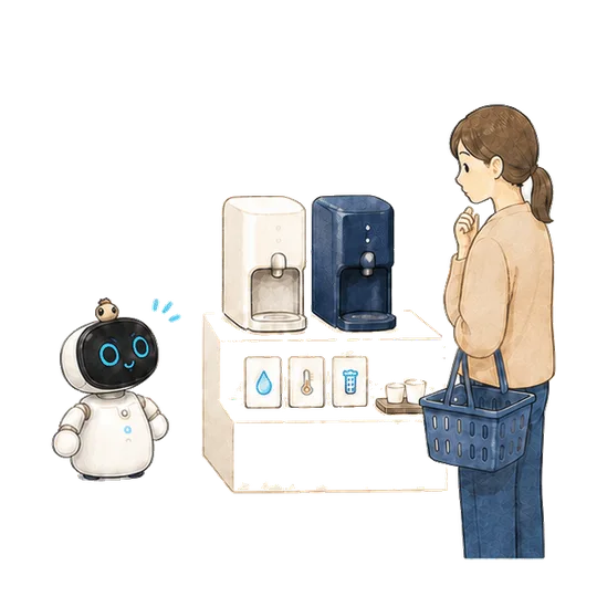 店頭で商品を比べる来店客に Kebbi が機能を説明し、選ぶのを手伝う手描きアニメーション（動きを減らす設定では静止画）