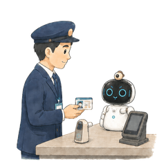 点呼カウンターで乗務員の本人確認と呼気検査を Kebbi が進める手描きアニメーション