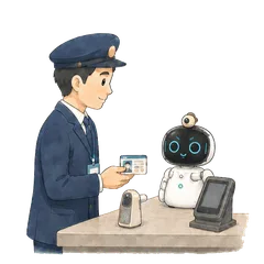 点呼カウンターで乗務員の本人確認と呼気検査を Kebbi が進める手描きアニメーション