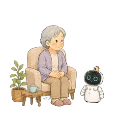 ソファの高齢者を Kebbi が体操に誘い、一緒に腕を上げる手描きアニメーション