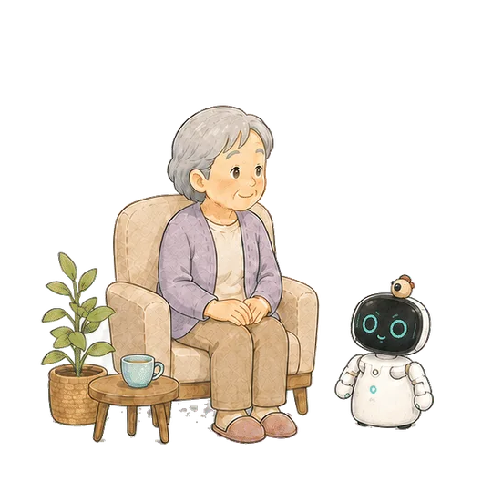 ソファに座る高齢者を Kebbi が体操に誘い、一緒に腕を上げる手描きアニメーション（動きを減らす設定では静止画）
