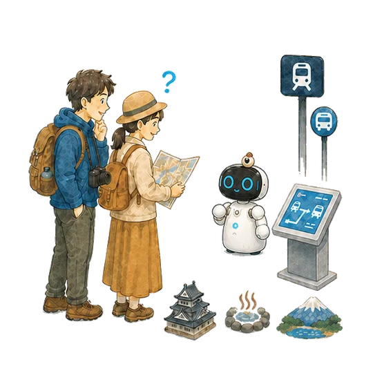 駅の案内所で地図を持つ利用者に Kebbi が乗り換え経路を示し、送り出す手描きアニメーション（動きを減らす設定では静止画）