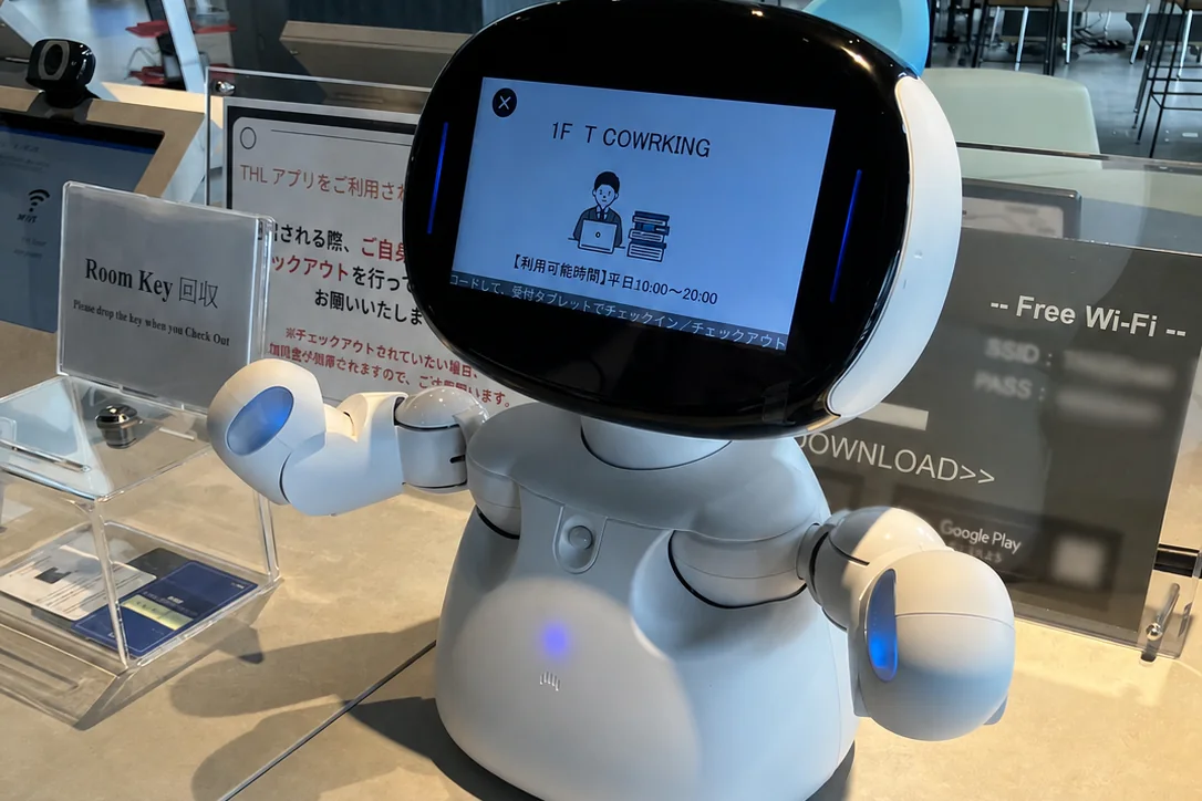 タップホスピタリティラボ沖縄のエントランスカウンターで、画面に施設案内を表示する Kebbi